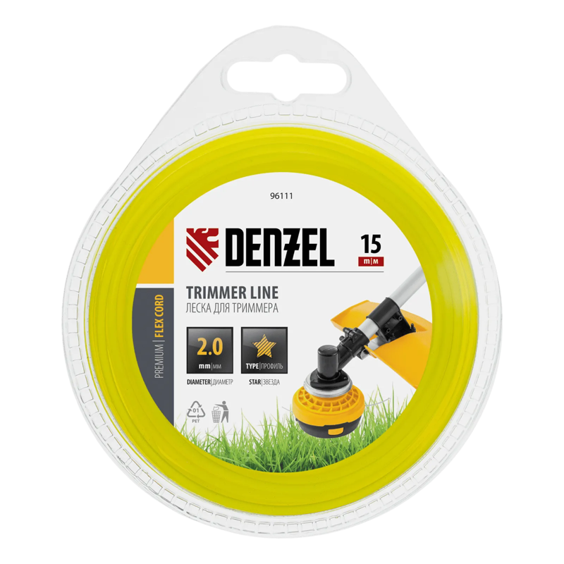 Леска для триммера, звезда, 2 мм х 15 м, блистер, FLEX CORD, Denzel