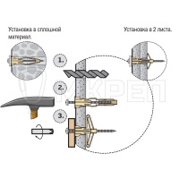 Дюбель для тонколистовых материалов, 10х60мм,  (бабочка), PLA, нейлоновый, Европартнер с шурупом